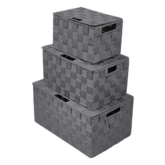 Sorbus 3 Piece Decorative Stackable Woven Basket with Lid and Built-in Carry Handles - Great for Storage and Organization - Gray